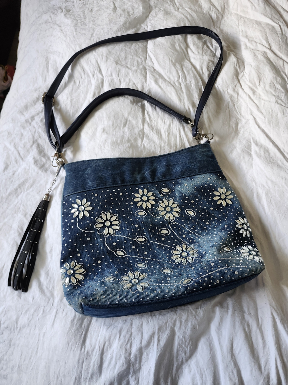 Denim Floral Sparkly Crystal Bedazzled Crossbody Bag with Tassel